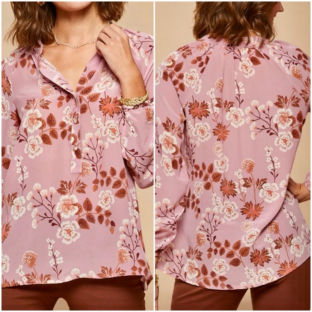 Spartina 449 Womens XXL Cora Silk Mauve Pink Floral Long Sleeve Blouse Top